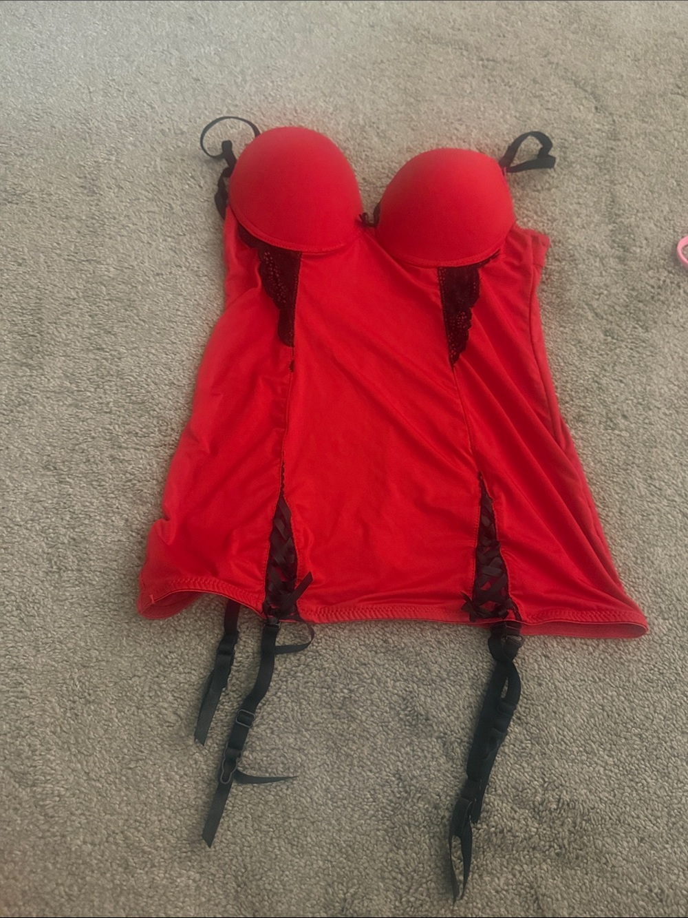 Red Lace-Trim Bustier Chemise with Garter Straps